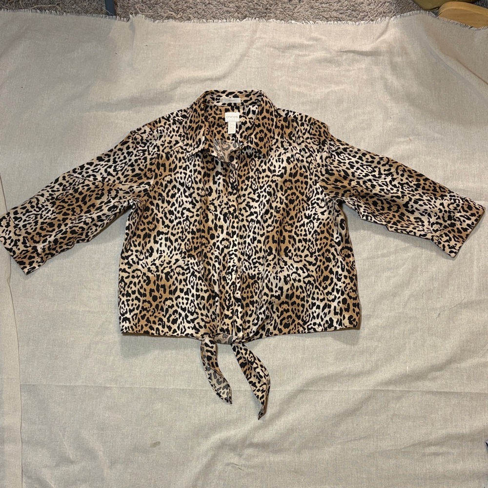 Chico's Leopard Print Blouse size‎ 14 100% cotton tie front